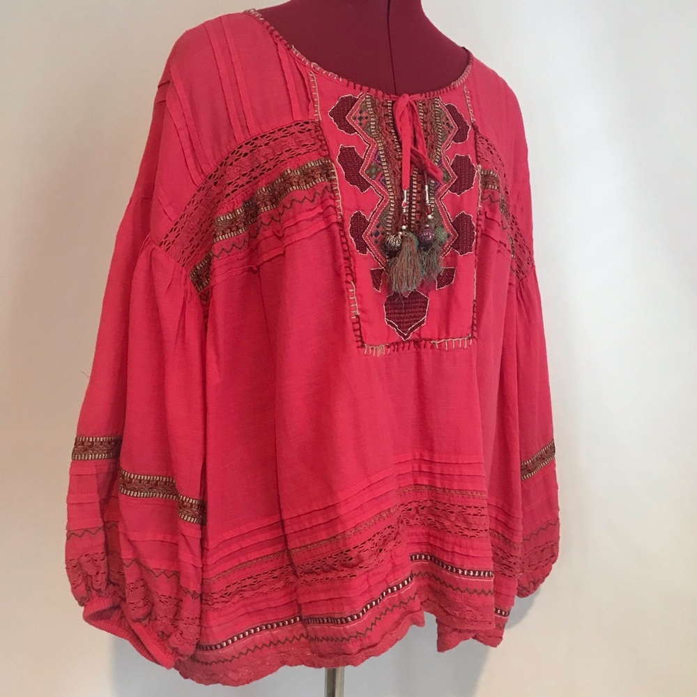 Sundance Coral Red Embroidered Boho Blouse - Picture 13 of 13